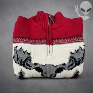 Chaps Ralph Lauren Sweater Large Red knit Quarter zip Cotton Pullover vintage